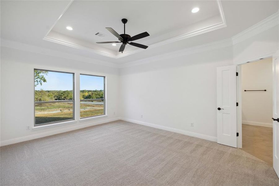 Empty room with crown molding, light carpet, ceiling fan, and a raised ceiling