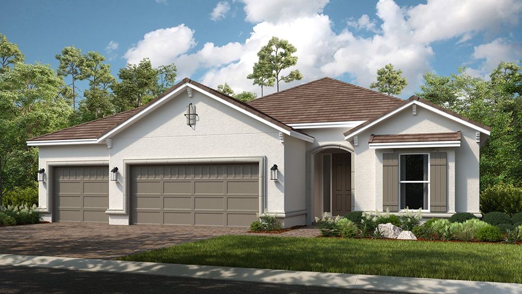 Representative exterior photo of a completed home built from the Lazio 3 car by Taylor Morrison in Esplanade at Wiregrass Ranch, Wesley Chapel, FL (Image 19).
