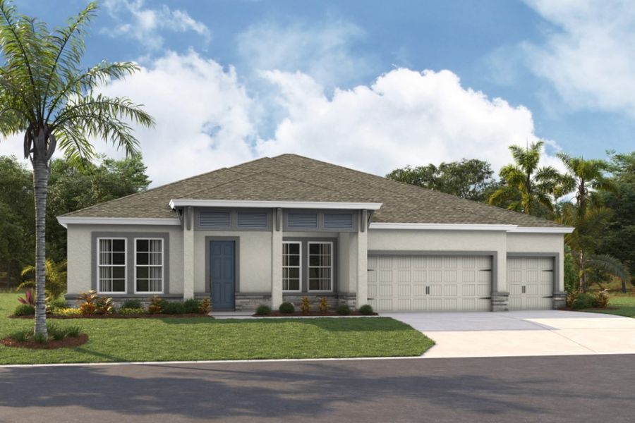 Representative exterior photo of a completed home built from the Key Largo I by Homes by WestBay in Pasadena Woods, Wesley Chapel, FL (Image 1). Representative exterior photo of a completed home built from the Key Largo I by Homes by WestBay in Pasadena Woods, Wesley Chapel, FL (Image 1).