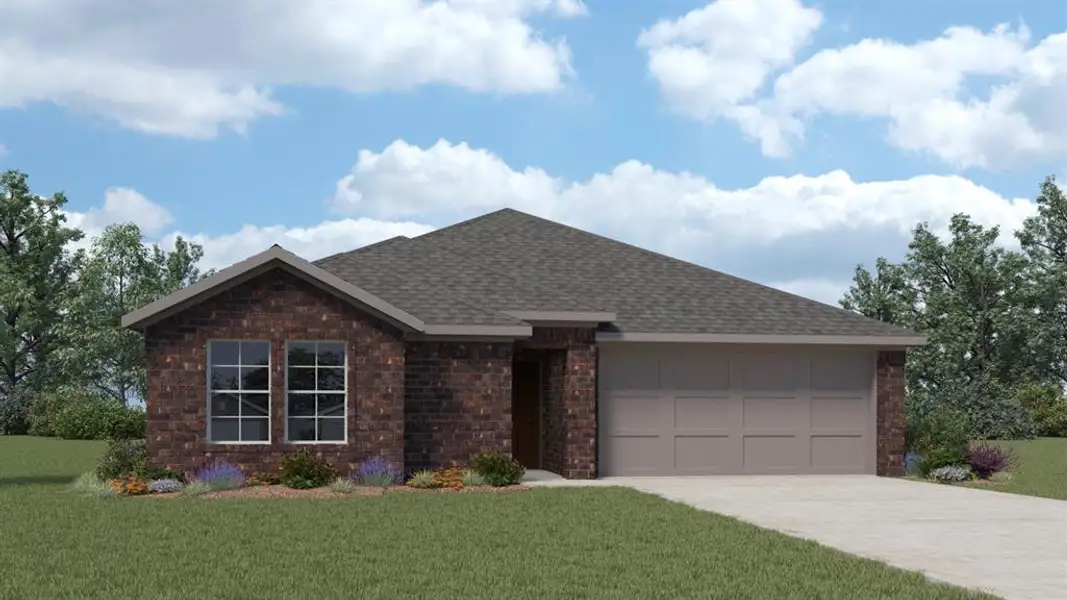 Ranch-style home with a front yard, roof with shingles, concrete driveway, a garage, and brick siding