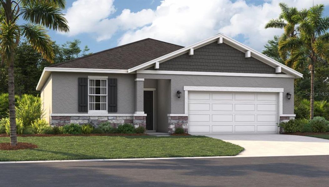 Front exterior of a new home in Sunset Lakes Estates, Mascotte, FL, highlighting curb appeal (Image 1).