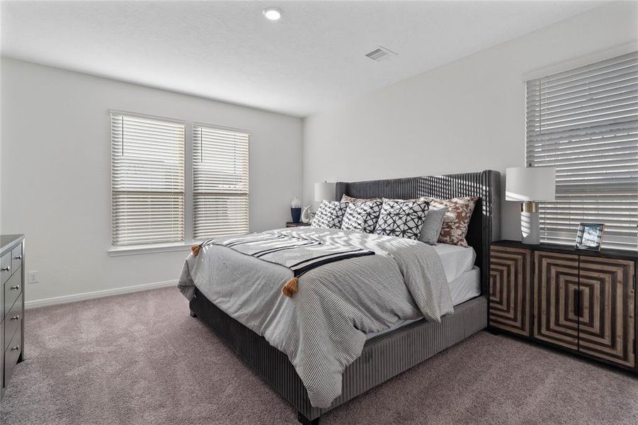 What a wonderful place to come home to, this stunning primary suite greets you with plush carpet, a warm custom paint, high ceiling, large windows with privacy blinds, allowing in natural light brightening up this spacious room.