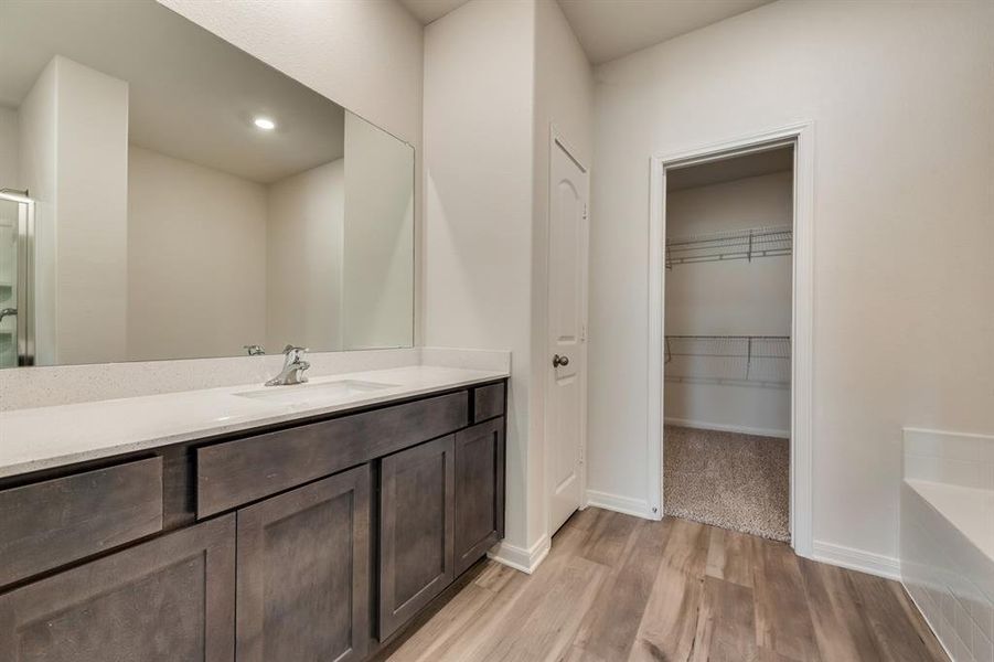 Bathroom with vanity, hardwood / wood-style flooring, and a bath