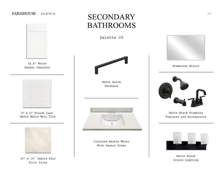 Farmhouse Look Palette 5: Secondary Bathrooms Selection Sheet (*Artist rendering used for illustration purposes only.) Farmhouse Look Palette 5: Secondary Bathrooms Selection Sheet (*Artist rendering used for illustration purposes only.)