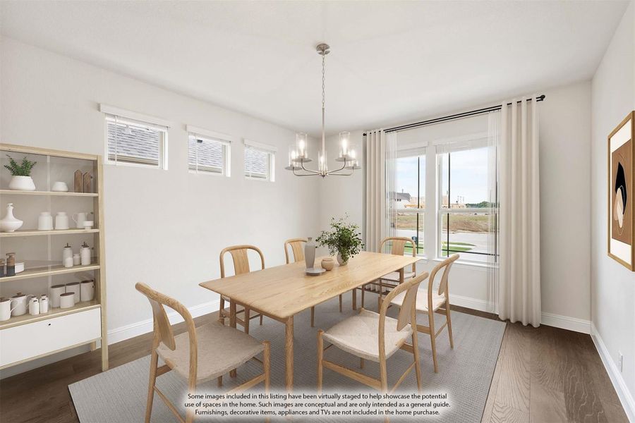 Dining room with wood table, six chairs, chandelier, and sliding glass door with natural light