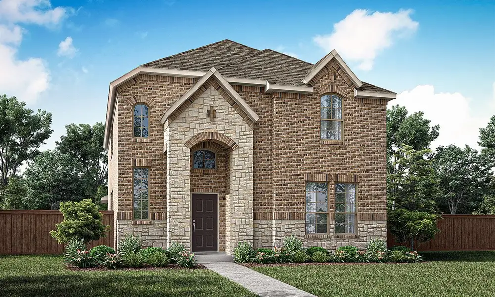 Front exterior of a new home in La Terra at Uptown Celina, Celina, TX, highlighting curb appeal (Image 1). Front exterior of a new home in La Terra at Uptown Celina, Celina, TX, highlighting curb appeal (Image 1).