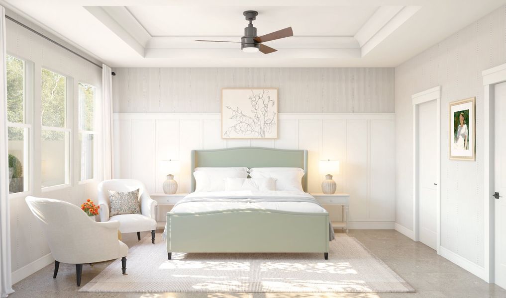 Primary suite with decorative feature wall Primary suite with decorative feature wall