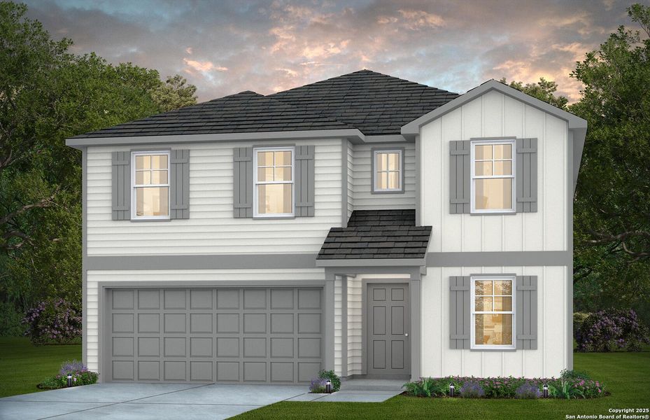 Front exterior of a new home in Vista Real, Converse, TX, highlighting curb appeal (Image 1). Front exterior of a new home in Vista Real, Converse, TX, highlighting curb appeal (Image 1).