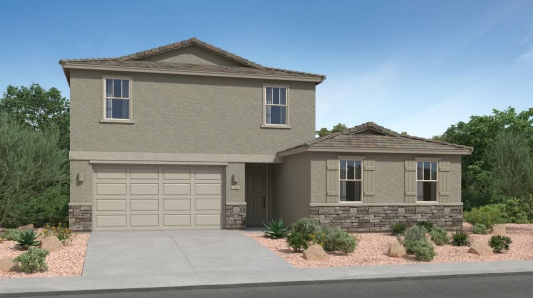 Front exterior of a new home in Mountain View at Rocking K, Vail, AZ, highlighting curb appeal (Image 1). Front exterior of a new home in Mountain View at Rocking K, Vail, AZ, highlighting curb appeal (Image 1).