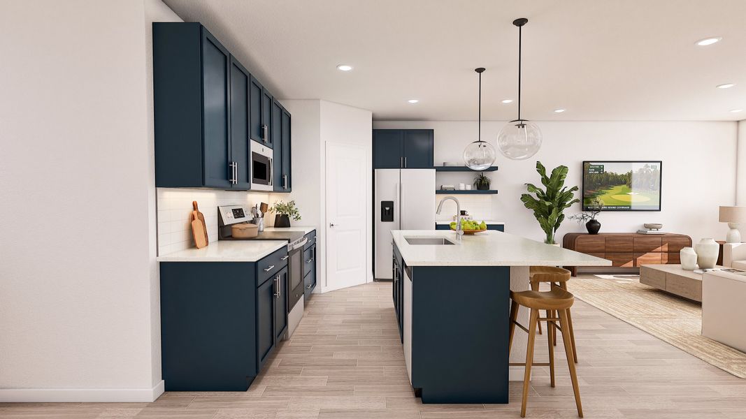 Kitchen with white backsplash and floating shelves