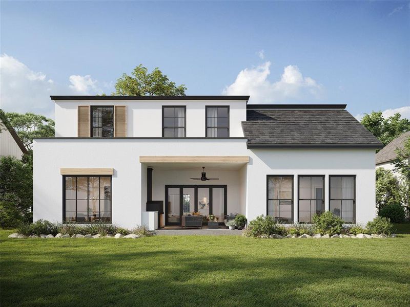 Rear view of house featuring french doors, a lawn, and ceiling fan