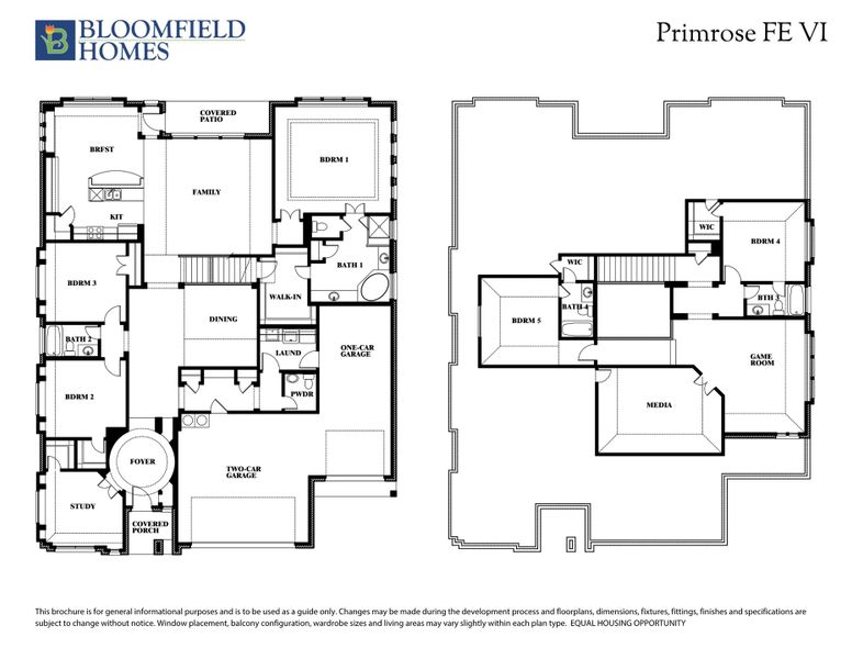 Bloomfield Homes Primrose FE VI two-story floor plan with five bedrooms, media room, game room, and three-car garage.