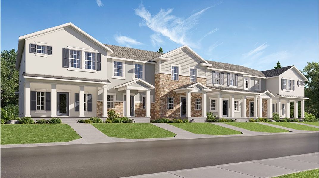Front exterior of a new home in Longleaf: The Townes, New Port Richey, FL, highlighting curb appeal (Image 1). Front exterior of a new home in Longleaf: The Townes, New Port Richey, FL, highlighting curb appeal (Image 1).