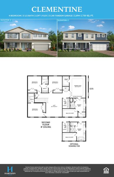 2D floor plan layout for the Clementine by Hartizen Homes in Eden Crest Single Family Homes, Apopka, FL (Image 6).