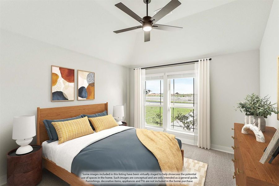 Bedroom with wood-frame bed, ceiling fan, and large window with outdoor view Bedroom with wood-frame bed, ceiling fan, and large window with outdoor view