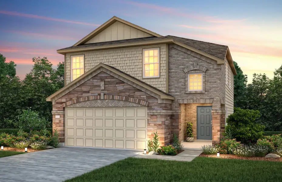 Front exterior of a new home in The Pines At Seven Coves, Willis, TX, highlighting curb appeal (Image 1). Front exterior of a new home in The Pines At Seven Coves, Willis, TX, highlighting curb appeal (Image 1).