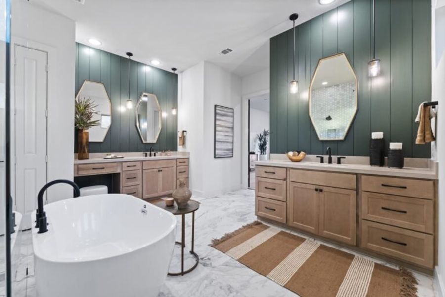 Primary bathroom in new construction home San Antonio with soaking tub and dual vanity Primary bathroom in new construction home San Antonio with soaking tub and dual vanity