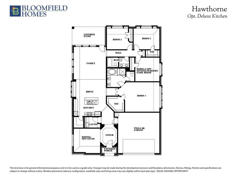 Bloomfield Homes Hawthorne floor plan with four bedrooms, two-car garage, family room, and optional deluxe kitchen layout. Bloomfield Homes Hawthorne floor plan with four bedrooms, two-car garage, family room, and optional deluxe kitchen layout.