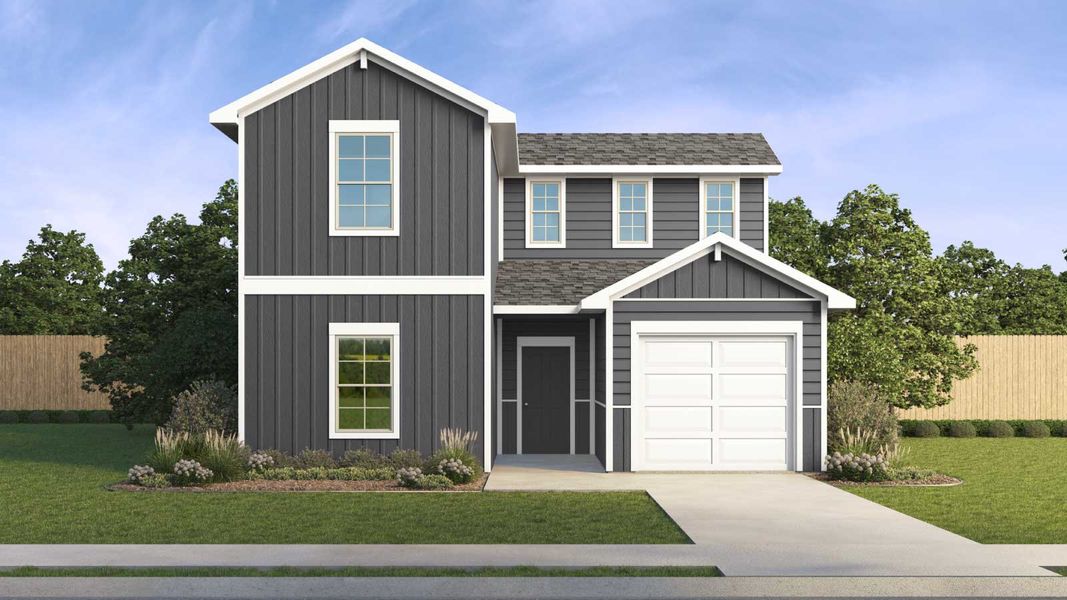 Representative exterior photo of a completed home built from the The Periwinkle by D.R. Horton in Marigold, Kyle, TX (Image 17). Representative exterior photo of a completed home built from the The Periwinkle by D.R. Horton in Marigold, Kyle, TX (Image 17).