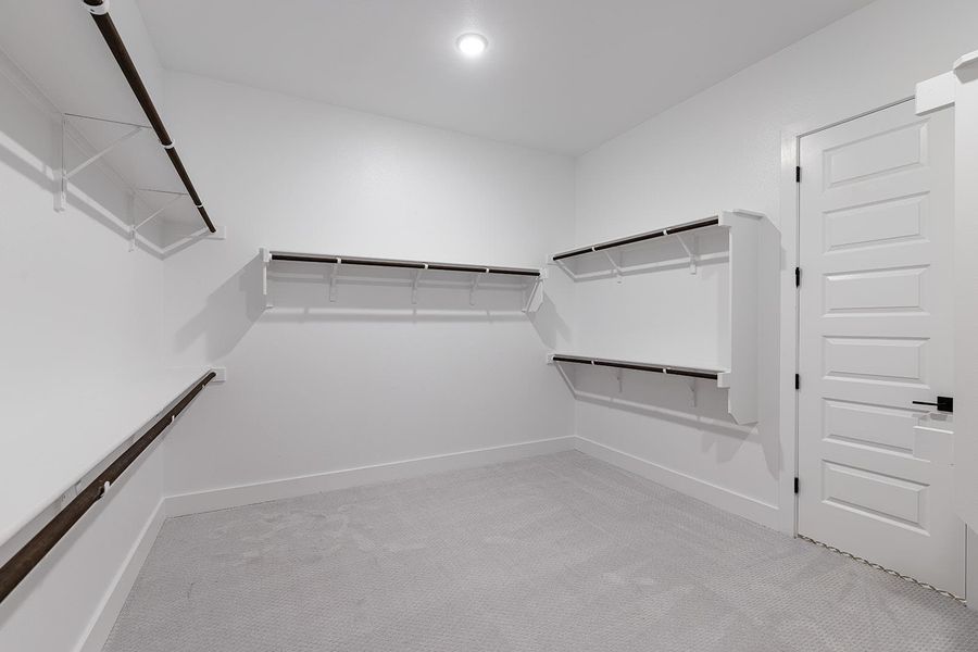 Walk in closet featuring light colored carpet