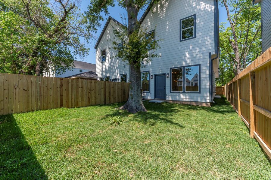 Spacious, fully fenced backyard shaded by mature trees, creating a true dog’s paradise with plenty of room to run, play, and relax.