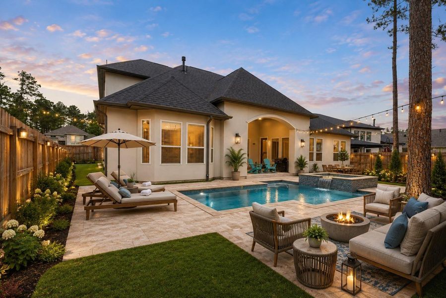 Virtually staged pool and backyard to show different possibilities.