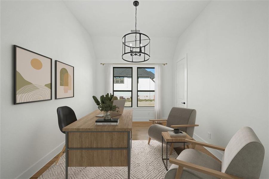Office with light wood-style floors, a chandelier, and vaulted ceiling Office with light wood-style floors, a chandelier, and vaulted ceiling