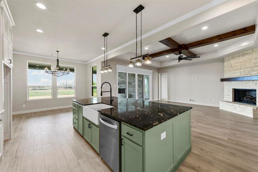 Kitchen with sink, a center island with sink, light hardwood / wood-style flooring, dishwasher, and a stone fireplace