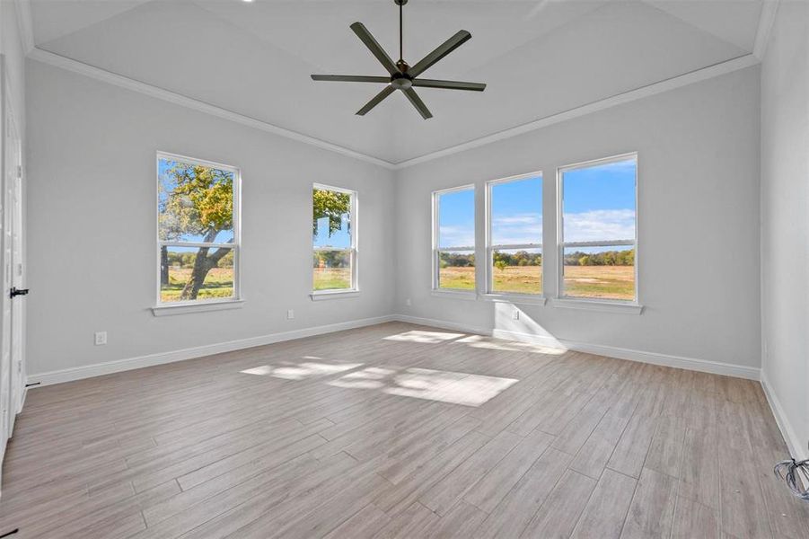 Empty room featuring a raised ceiling, ceiling fan, light hardwood / wood-style flooring, and ornamental molding