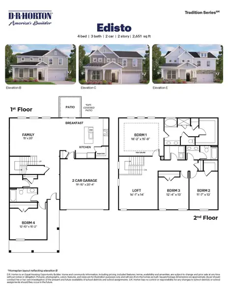 2D floor plan layout for the EDISTO by D.R. Horton in Eagle Creek, Fuquay Varina, NC (Image 3).
