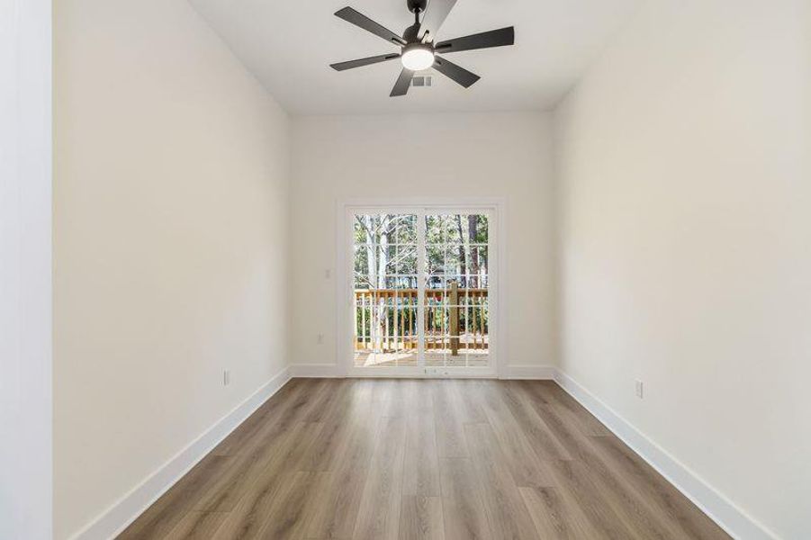 Office with French doors out to the back deck
