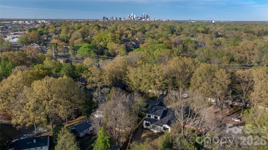 Aerial view of the home showing proximity to Uptown Charlotte.
