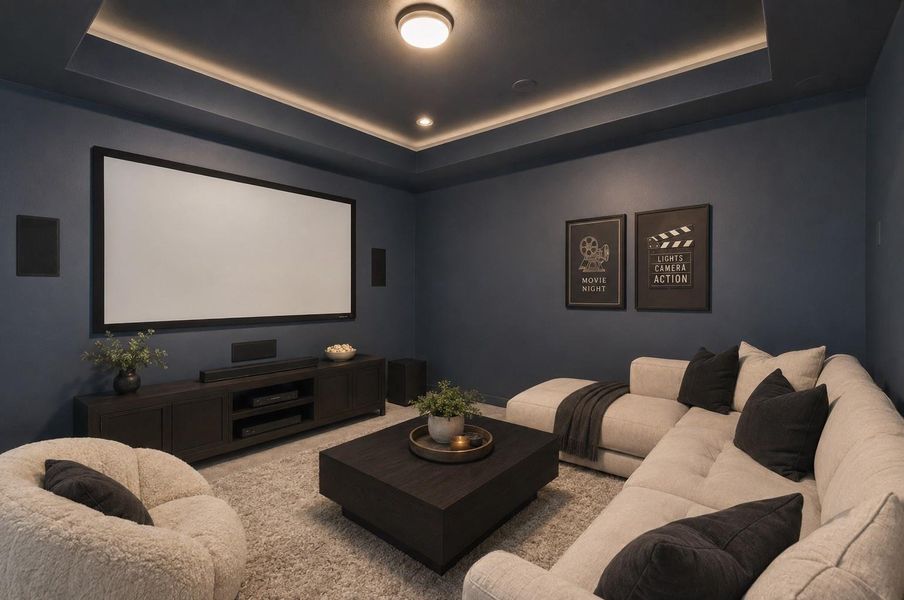 Get ready for the ultimate movie nights! Featuring dark paint to set the mood, plush carpeting, theatre lighting, and plenty of space, it's the perfect spot for binge watching, gaming, or enjoying the big game. *This photo has been virtually staged.