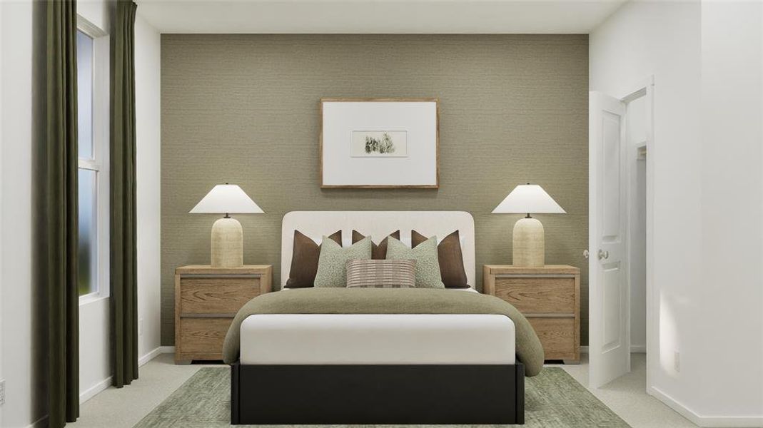 Bedroom with light carpet