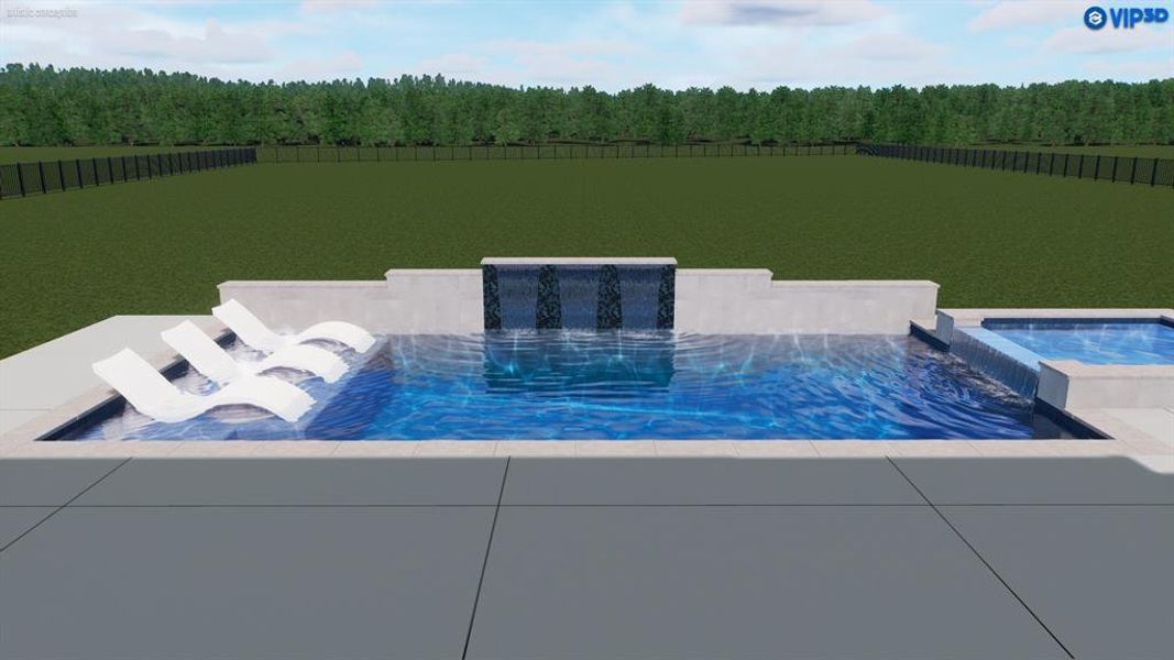View of swimming pool with a fenced backyard, a wooded view, a pool with connected hot tub, and a patio