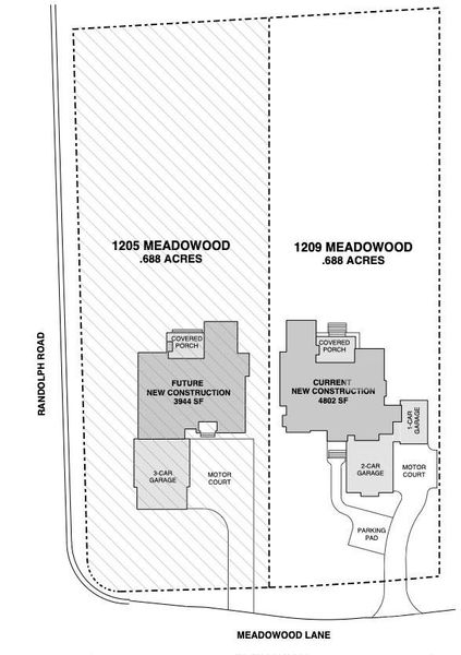 This lot was subdivided. The house currently listed is 1209 Meadowood Lane on the right.