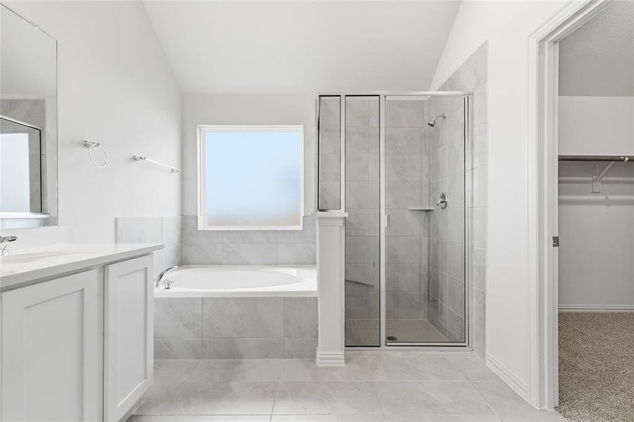 Full bath featuring a bath, vanity, a spacious closet, vaulted ceiling, and a shower stall Full bath featuring a bath, vanity, a spacious closet, vaulted ceiling, and a shower stall