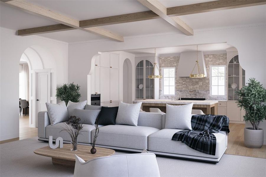 Living area featuring arched walkways, light wood-type flooring, beam ceiling, and crown molding
