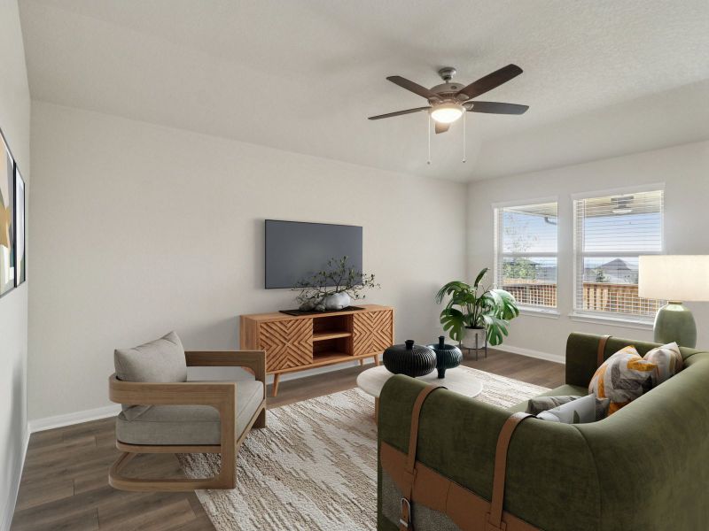 Virtually staged living room in the Callaghan floorplan at a Meritage Homes community.