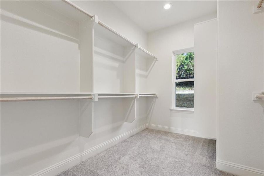 Spacious closet with light colored carpet