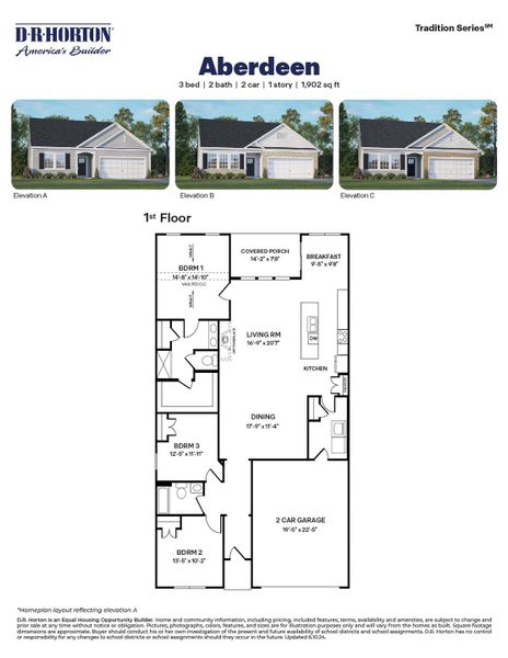 2D floor plan layout for the ABERDEEN by D.R. Horton in Colly Farm, Stokesdale, NC (Image 3).