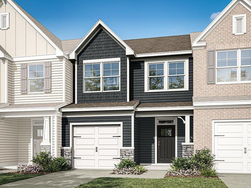 Front exterior of a new home in Blythe Mill Townhomes, Waxhaw, NC, highlighting curb appeal (Image 1). Front exterior of a new home in Blythe Mill Townhomes, Waxhaw, NC, highlighting curb appeal (Image 1).