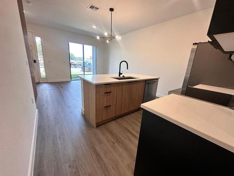 Upgraded cabinetry and lighting, quartz countertops, and wooden slats