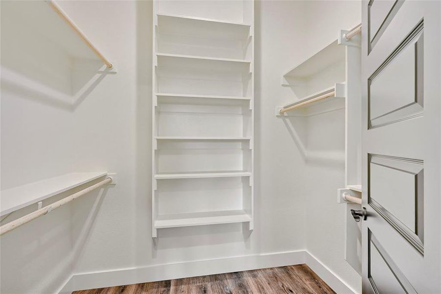 Walk in closet featuring dark wood-type flooring