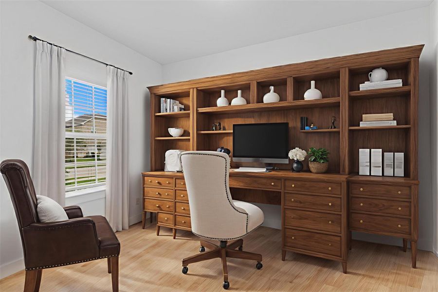 This dedicated study offers a quiet retreat at the front of the home, complete with a large window that fills the room with natural light and provides charming views of the front yard. The clean white walls and warm woodlike vinyl flooring create a polished and versatile space—perfect for working remotely, reading, or setting up a creative studio. *Virtually Staged* **Image Representative of Plan Only and May Vary as Built**. This dedicated study offers a quiet retreat at the front of the home, complete with a large window that fills the room with natural light and provides charming views of the front yard. The clean white walls and warm woodlike vinyl flooring create a polished and versatile space—perfect for working remotely, reading, or setting up a creative studio. *Virtually Staged* **Image Representative of Plan Only and May Vary as Built**.