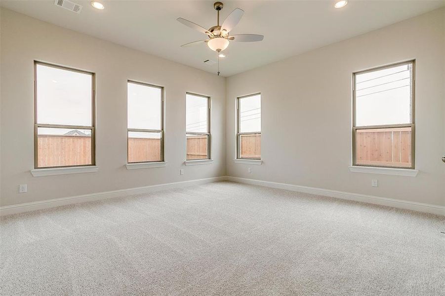 Carpeted empty room featuring ceiling fan and a wealth of natural light