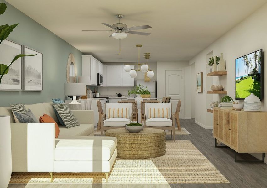 Rending of a sectional sofa in the family room. The kitchen and dining room are also seen.