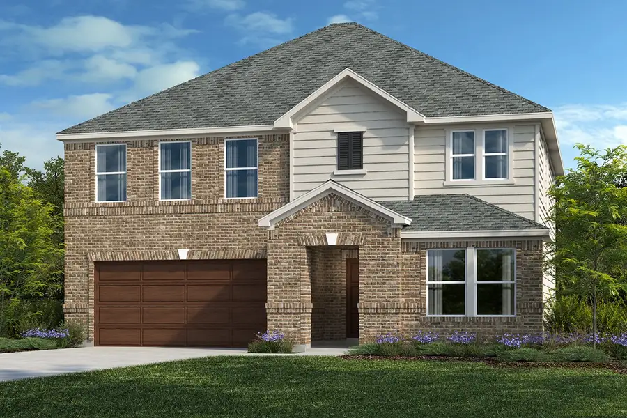 Front exterior of a new home in River Bluff, Leander, TX, highlighting curb appeal (Image 1). Front exterior of a new home in River Bluff, Leander, TX, highlighting curb appeal (Image 1).