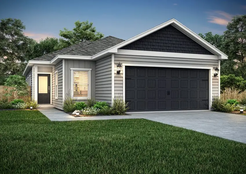 Rendering of the one-story Hawthorn plan with a siding exterior. Rendering of the one-story Hawthorn plan with a siding exterior.