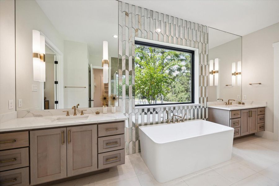Split vanity with soaking tub